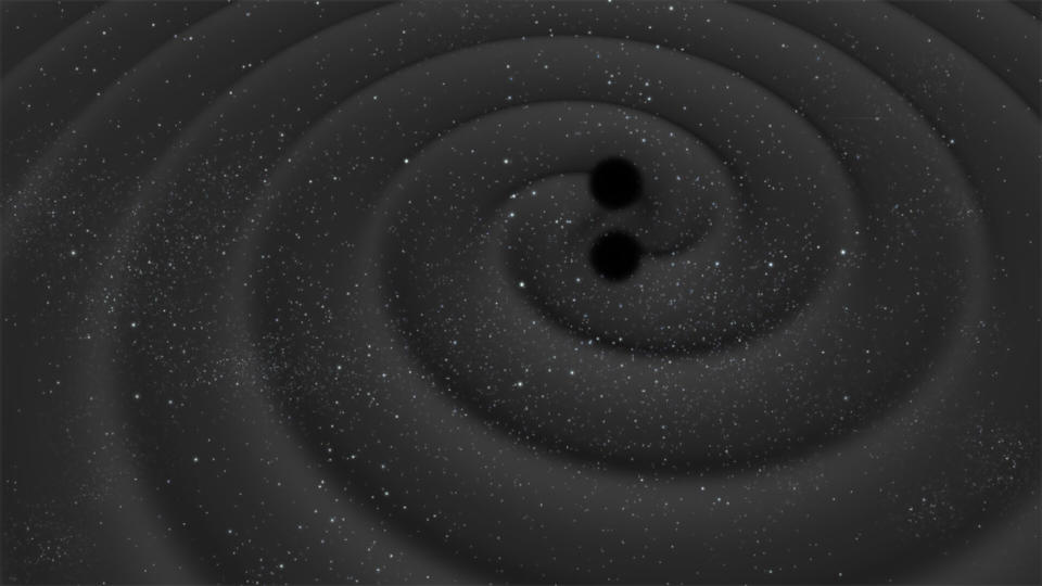 illustration of two small black balls surrounded by widening gray spirals