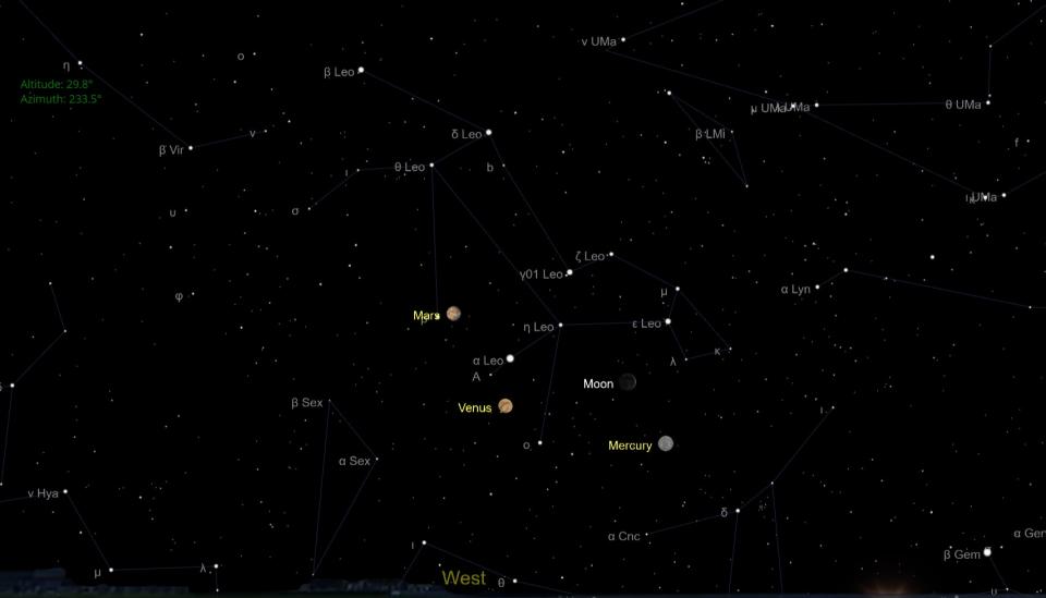 mercury, venus and mars near the moon in the night sky