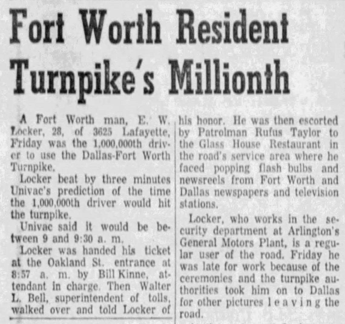 A Nov. 9, 1957, story in the Fort Worth Star-Telegram reporting the 1 millionth driver to enter the new Dallas-Fort Worth Turnpike, about two months after it opened.