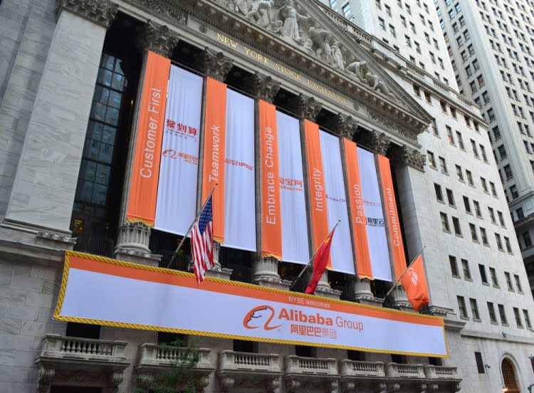 Alibaba Group Holding Ltd (NYSE:BABA), sign on a building, logo, share, stock, New York, offering