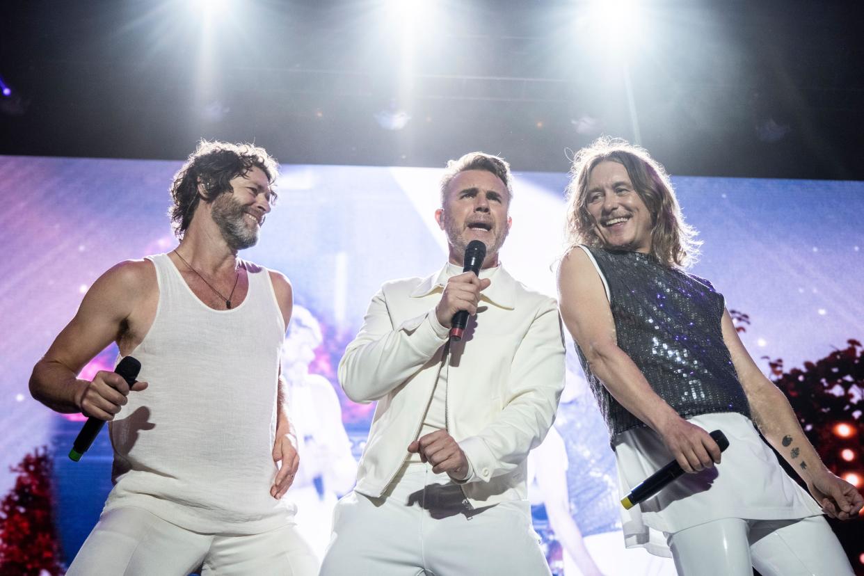 Middelfart, Denmark. 07th, July 2023. The English pop group Take That performs a live concert at Hindsgavl Slot in Middelfart. Here singers Gary Barlow (C), Howard Donald (L) and Mark Owen (R) are seen live on stage. (Photo credit: Gonzales Photo - Kent Rasmussen).