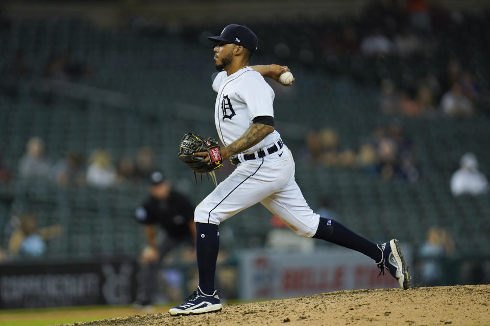 Detroit Tigers' Harold Castro pitches in the ninth inning of a baseball game against the Houston Astros in Detroit, Thursday, June 24, 2021. (AP Photo/Paul Sancya)