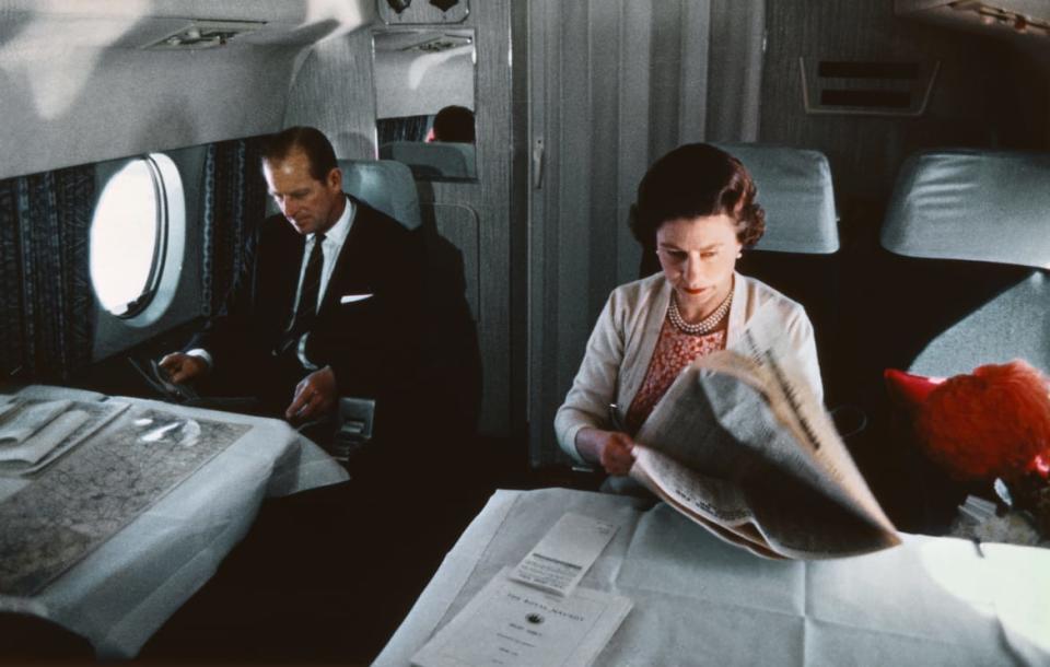 <div class="inline-image__caption"><p>Queen Elizabeth II and Prince Philip fly back from a visit to Yorkshire in an Andover of the Queen's Flight, in a photo taken during the filming of the joint ITV-BBC film documentary The Royal Family.</p></div> <div class="inline-image__credit">Bettmann/Getty</div>