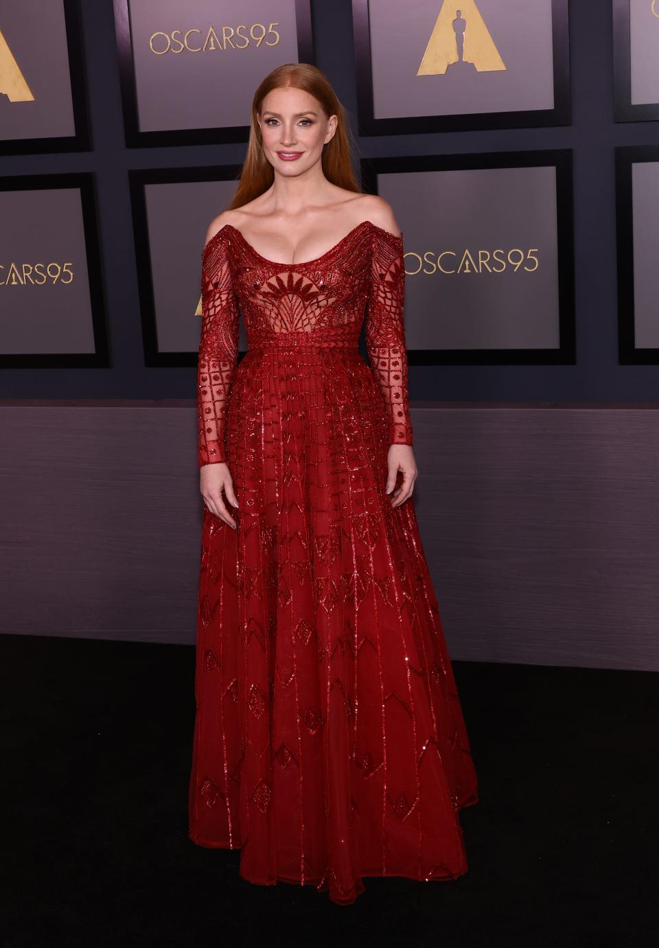 Jessica Chastain in a red, lace gown