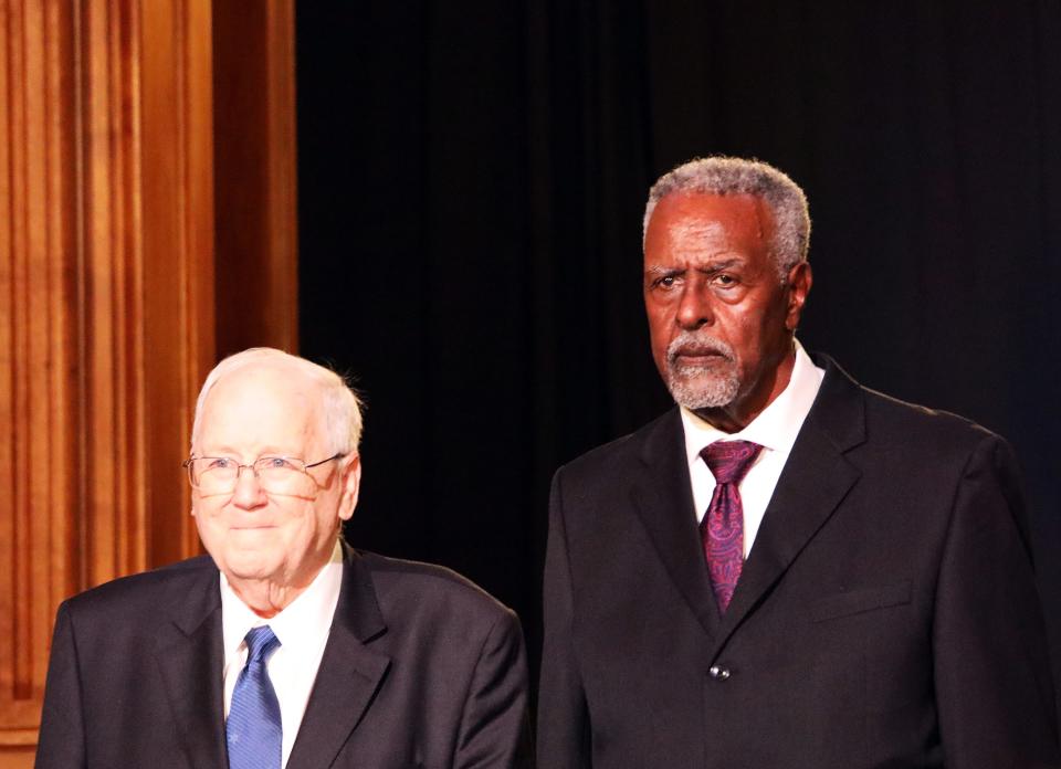 Ambassador Kenneth M. Quinn, president emeritus of the World Food Prize Foundation, and 2009 World Food Prize laureate Gebisa Ejeta are introduced during the World Food Prize ceremony at the Iowa Capitol in Des Moines on Thursday, Oct. 26, 2023