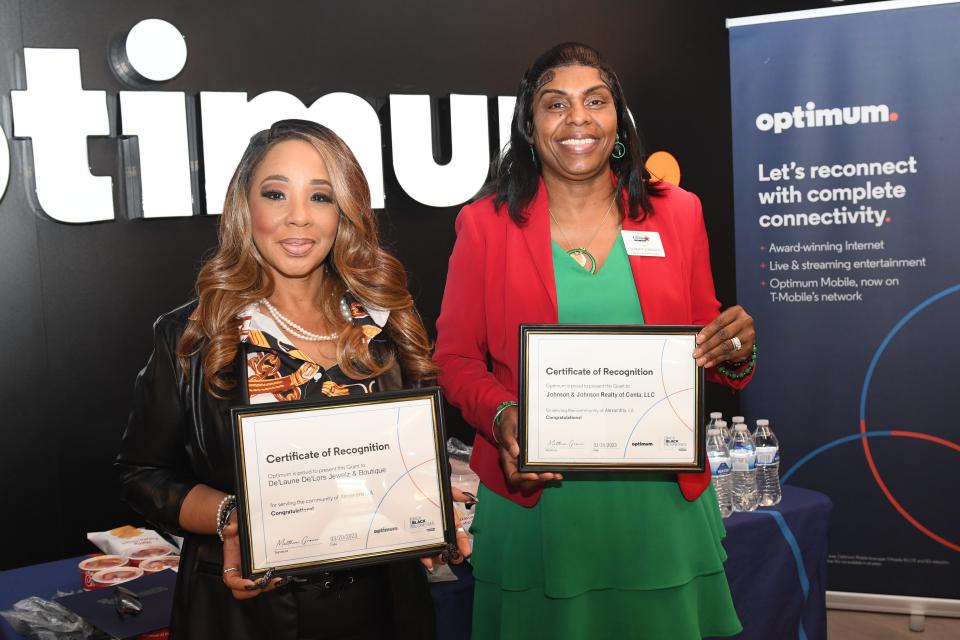 Renee White Goolsby (left), owner of De'Laune De'Lors Jewelz & Boutique and Catrice Johnson, owner of Johnson & Johnson Realty LLC, received grants of $5,000 each through a partnership between Optimum and parent company Altice USA and the Coalition to Back Black Businesses, a multi-year initiative to support Black-owned businesses. They were recognized at Optimum's ribbon cutting Tuesday.
