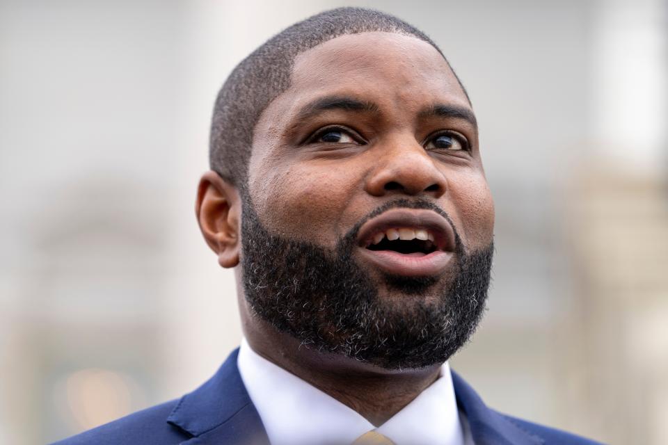 Rep. Byron Donalds, R-Fla., who has been nominated for Speaker of the House, speaks to members of the media on the House steps, Wednesday, Jan. 4, 2023, on Capitol Hill in Washington. 