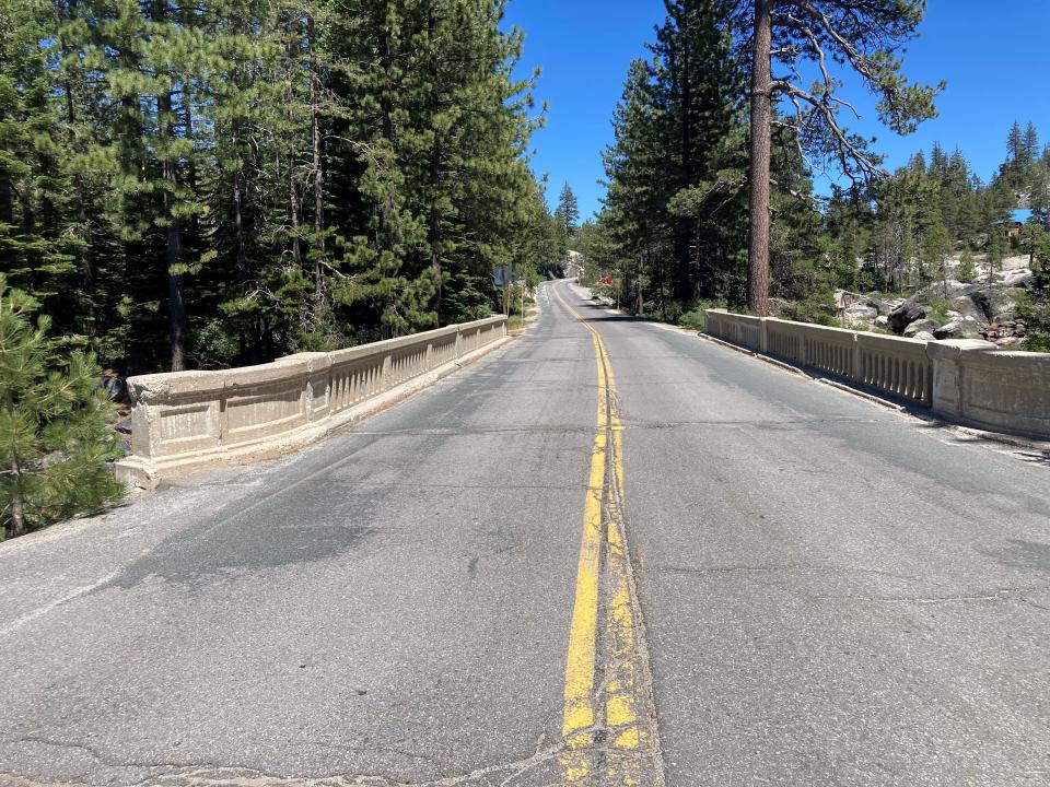 Lincoln Highway and old bridge near Rainbow Lodge.