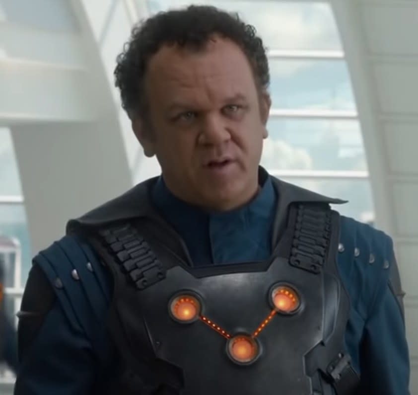 John C. Reilly in Guardians of the Galaxy, talking to Glenn Close's character