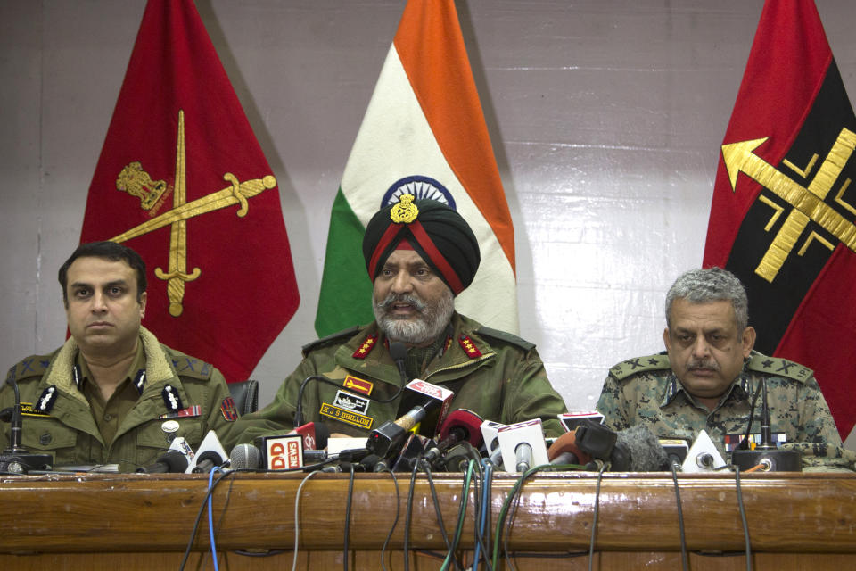 Indian Army's General Officer Commanding of the Srinagar-based 15 Corps Lt. Gen. K.J.S. Dhillon, center, speaks as Inspector General of Police Swayam Prakash Pani, left, and Inspector General of Central Reserve Police Force (CRPF) operation Zulfiqar Hassan sit by his side during a joint press conference in Srinagar, Indian controlled Kashmir, Tuesday, Feb. 19, 2019. A top Indian military official in disputed Kashmir on Tuesday accused the Pakistani army and its spy agency for involvement in the last week’s deadly car bombing. Dhillon told reporters in Srinagar, the main city of Indian-held Kashmir, that the leadership of Jaish-e-Mohammed militant group was “eliminated within 100 hours” of the Feb. 14 attack, linking the slain militants in Monday’s gunbattle to the attack. (AP Photo)