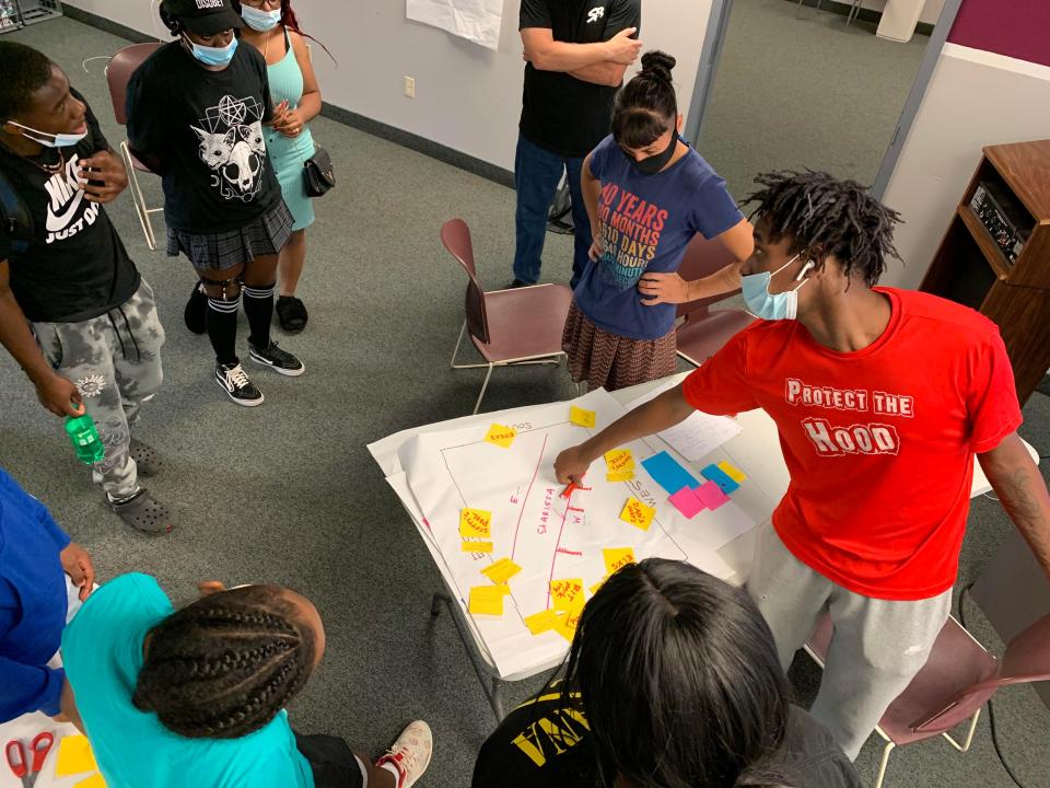 Collaborators with the Center for Teen Empowerment map out the virtual reality piece of the ‘Clarissa Uprooted’ exhibit, which runs through July 24 in RIT's City Art Space in downtown Rochester.