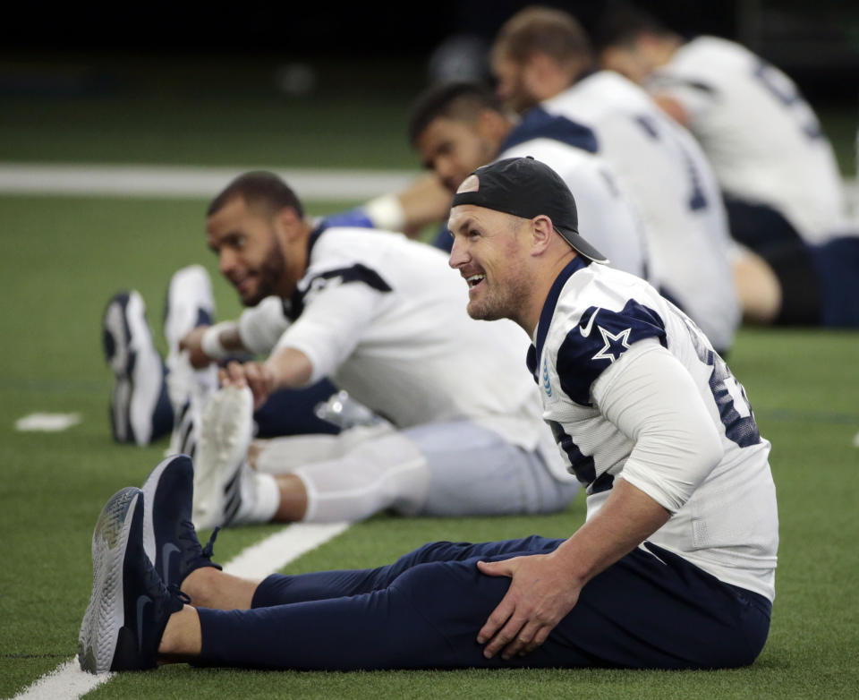 Dallas Cowboys tight end Jason Witten stretches during practice in Frisco, Texas, on Wednesday, May. 22, 2019.