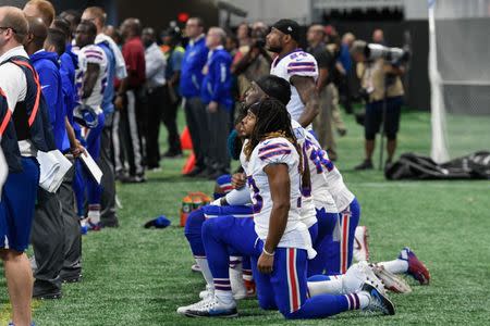 Oct 1, 2017; Atlanta, GA, USA; Buffalo Bills players shown during the National Anthem prior to the game against the Atlanta Falcons at Mercedes-Benz Stadium. Mandatory Credit: Dale Zanine-USA TODAY Sports