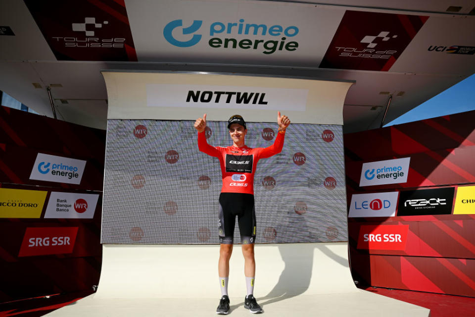 NOTTWIL SWITZERLAND  JUNE 12 Nickolas Zukowsky of Canada and Q365 Pro Cycling Team celebrates at podium as Red Mountain Jersey winner during the 86th Tour de Suisse 2023 Stage 2 a 1737km stage from Beromnster to Nottwil  UCIWT  on June 12 2023 in Nottwil Switzerland Photo by Dario BelingheriGetty Images