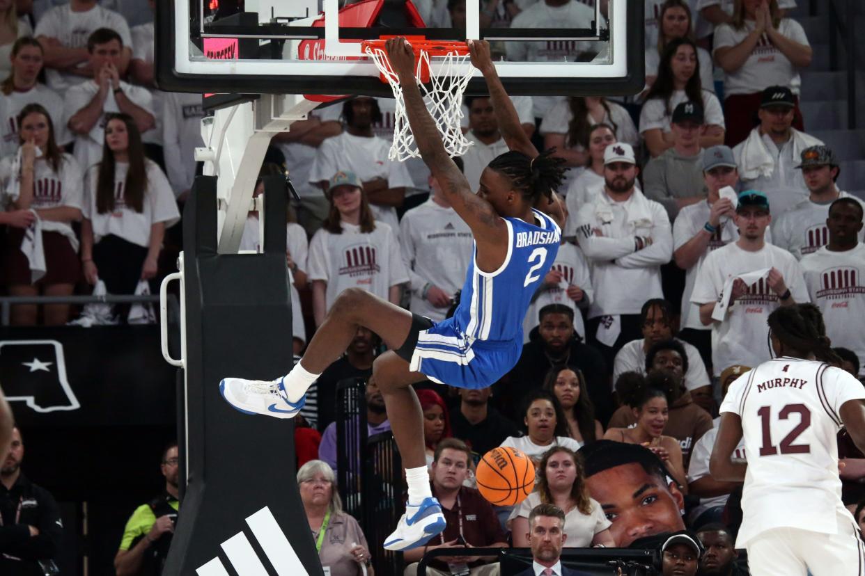 Feb 27, 2024; Starkville, Mississippi, USA; Kentucky Wildcats forward Aaron Bradshaw (2) dunks during the first half against the Mississippi State Bulldogs at Humphrey Coliseum. Mandatory Credit: Petre Thomas-USA TODAY Sports