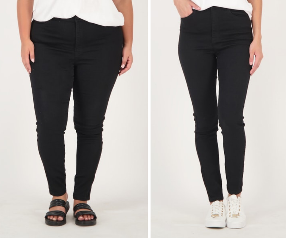 A plus size woman on the left and a thin woman on the right wear black skinny jeans against a cream background.