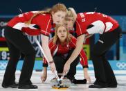 <p>Anna Sloan and Vicki Adams of Britain sweep. REUTERS/Cathal McNaughton </p>