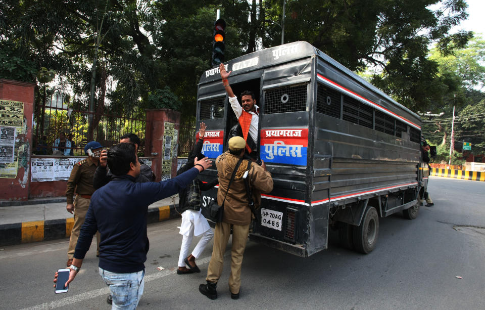 Protesters shout slogens with placards during a demonstration against India's new citizenship law CAA ( Citizenship amandment Act ) in Allahabad on December 19,2019 . Indians defied bans nationwide as anger swells against a citizenship law seen as discriminatory against muslims, following days of protest, clashes, and riots that have left six dead .(Photo by Ritesh Shukla/NurPhoto via Getty Images)