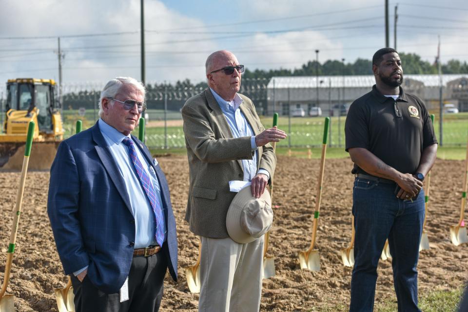 Burl Cain (left), commissioner of the Mississippi Department of Corrections, is joined by David McNair, president of the Mississippi Prison Chapel Foundation, Inc. and MDOC Superintendent Derrick Chambers (right) at the groundbreaking of Central Mississippi Correctional Facility's new interfaith chapel in Pearl, Miss., Friday, August 12, 2022.