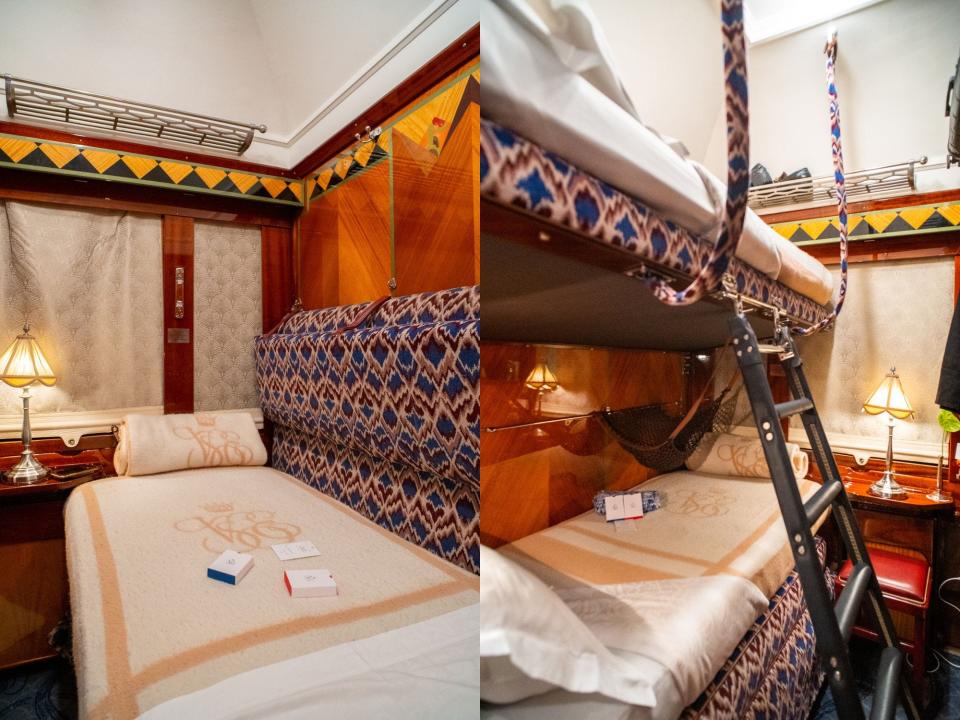 Two views of historic train cabins with wooden interiors fixed for one bed (L) and two (R)