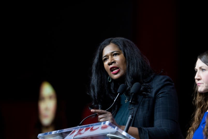 Kristina Karamo addresses the delegates before they vote for Michigan Republican Party Chair at the Michigan Republican Convention in Lansing, Michigan, on Saturday, February 18, 2023. (Photo by Sarah Rice for The Washington Post via Getty Images)