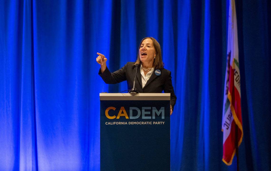 California Lt. Gov. Eleni Kounalakis speaks to the Labor Caucus at the California Democratic Party state endorsing convention on Friday, Nov. 17, 2023, at SAFE Credit Union Convention Center in Sacramento. Lezlie Sterling/lsterling@sacbee.com