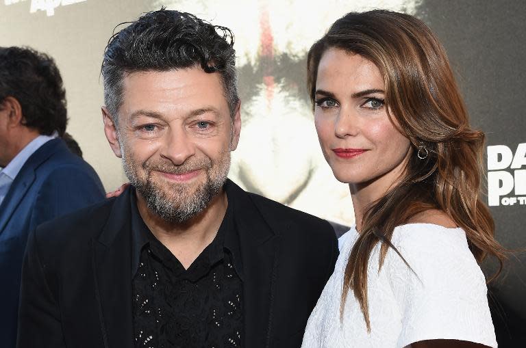 Actor Andy Serkis (L) and actress Keri Russell arrives at the premiere of "Dawn Of The Planet Of The Apes" at Palace Of Fine Arts Theater in San Francisco on June 26, 2014