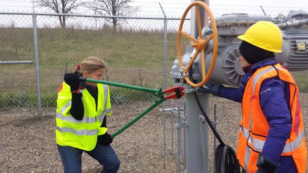 Activists are seen attempting to cut chains after trespassing into a valve station for pipelines carrying crude from Canadian oils sands into the U.S. markets near Clearbrook, Minnesota, U.S., in this image released on October 11, 2016. Photo from Climate Direct Action/Handout via Reuters