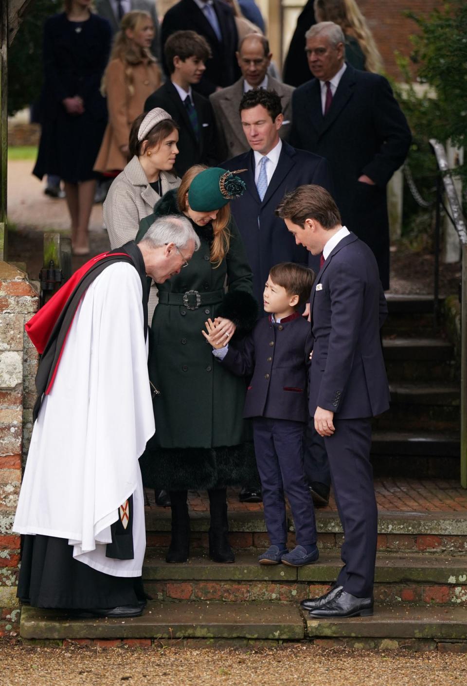 Princess Beatrice, Christopher Woolf, and Edoardo Mapelli Mozzi, (centre) Princess Eugenie and Jack Brooksbank, (back) James, Visount Severn, the Earl of Wessex and the Duke of York attending the Christmas Day morning church service at St Mary Magdalene Church (PA)