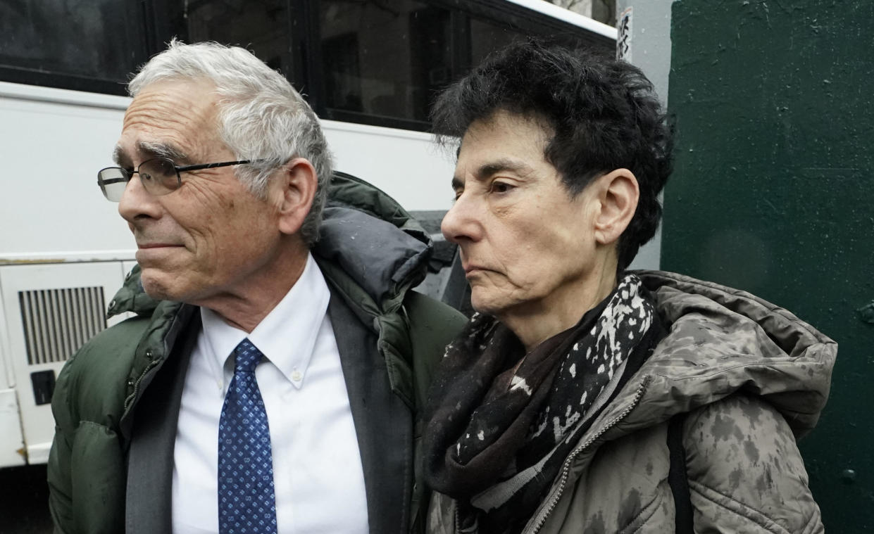 Sam Bankman-Fried's parents, Barbara Fried and Joseph Bankman, leave a Manhattan courtroom on March 28, 2024, after the FTX co-founder was sentenced to 25 years in prison for fraud tied to the crypto trading platform's collapse. / Credit: TIMOTHY A. CLARY/AFP via Getty Images