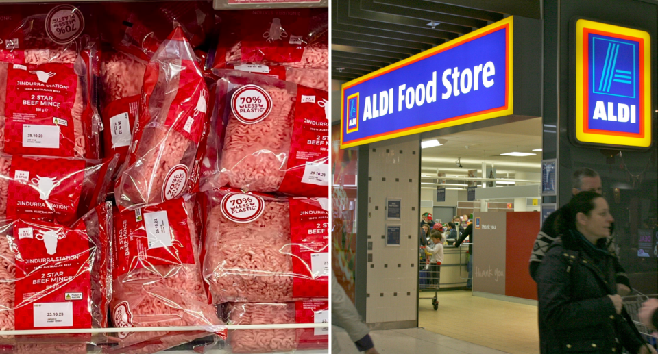 Left image is close up of minced meat with 'reduced plastic' packaging. Right image is a photo outside of an Aldi Food Store with the neon sign.