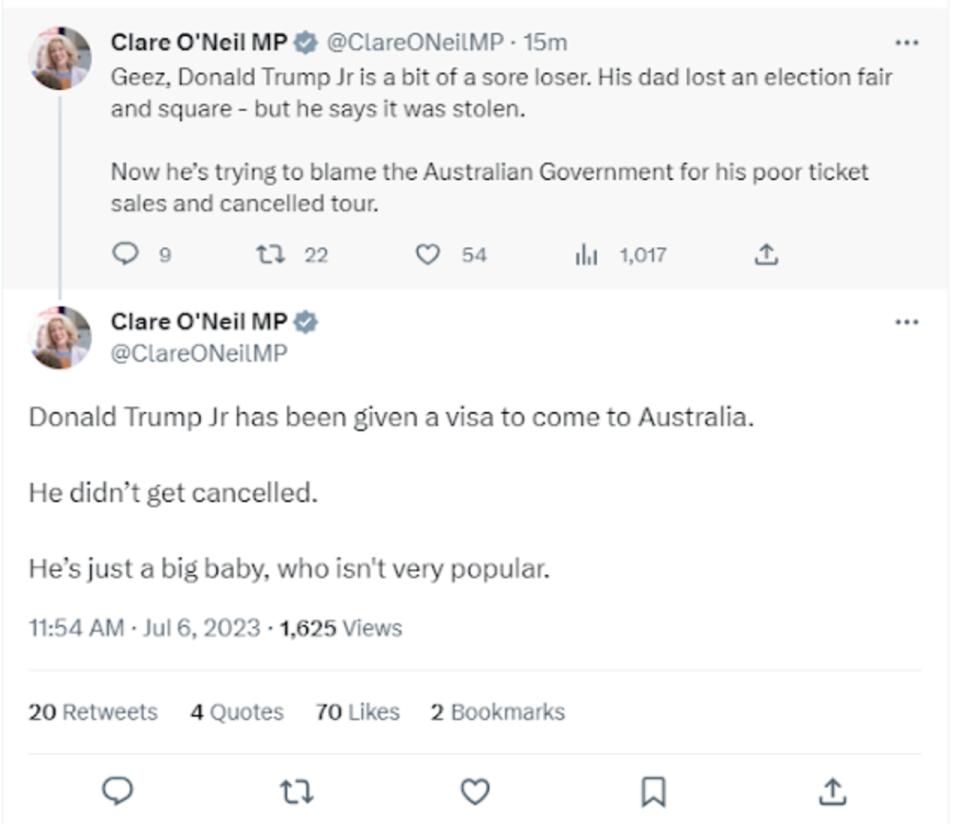Clare O'Neil claps back over Donald Trump's visa.