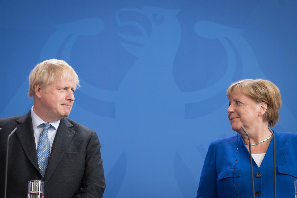 Prime Minister Boris Johnson holds a joint press conference with German Chancellor Angela Merkel in Berlin, ahead of talks to try to break the Brexit deadlock.