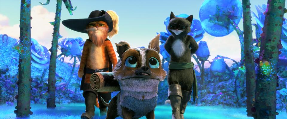 <em>Puss in Boots: The Last Wish</em>, from left: Puss in Boots (voice: Antonio Banderas), Perro (voice: Harvey Guillen), Kitty Softpaws (voice: Salma Hayek)