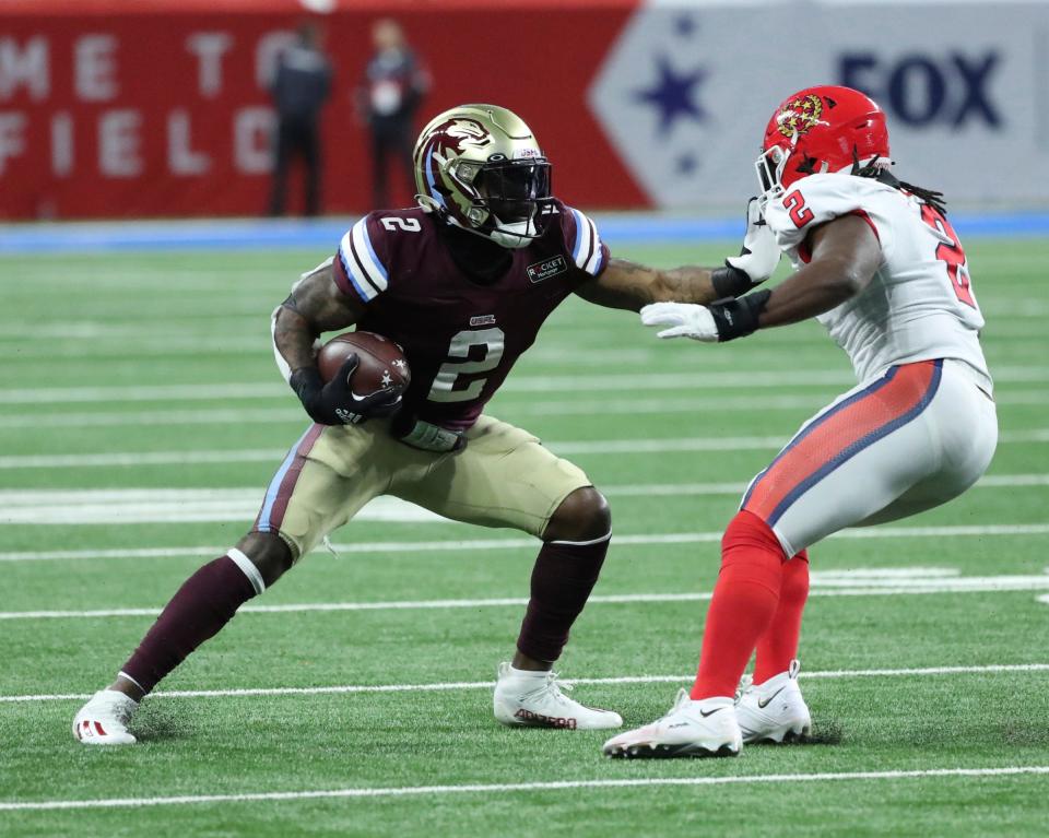 Michigan Panthers running back Steve Scott III (2) is tackled by New Jersey Generals linebacker Chris Orr (2) during the first half Sunday, April 30, 2023 at Ford Field.