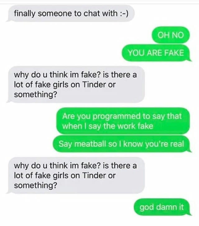 person asks a scammer to say meatball so they know they're real and they don't