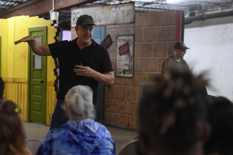 Executive & Artistic Director of The Augusta Players Scott Seidl speaks to the gathered audience before a final run-through of "Little Shop of Horrors" in The Augusta Player's rehearsal space off Ellis Street on Thursday, Sept. 28, 2023.