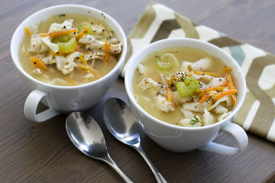 In this image taken on January 7, 2013, chicken and shirataki noodle soup is shown served in bowls in Concord, N.H. (AP Photo/Matthew Mead)