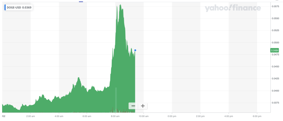 Musk's tweets sent dogecoin spiking against the dollar. Photo: Yahoo Finance UK