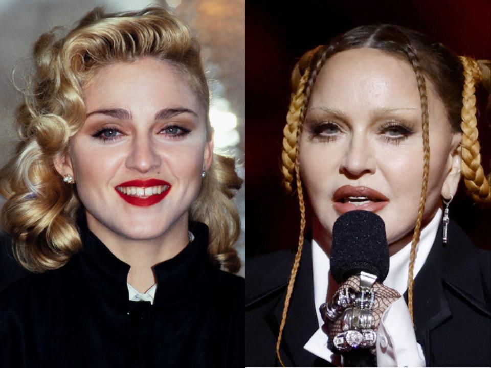 On the left, Madonna smiling in 1986. On the right, Madonna talking into a microphone in 2023.
