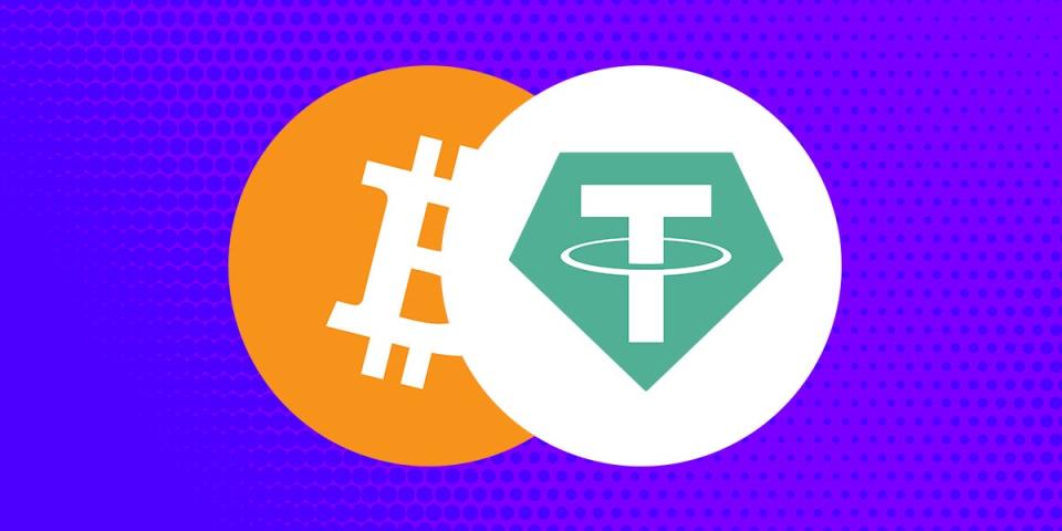 Tether logo in front of the Bitcoin logo