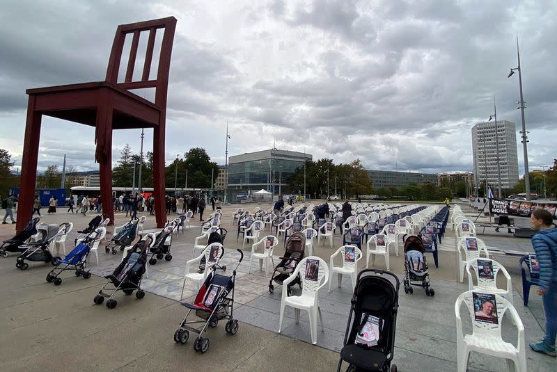 Empty chairs symbolise Hamas' Israeli hostages outside UN in Geneva