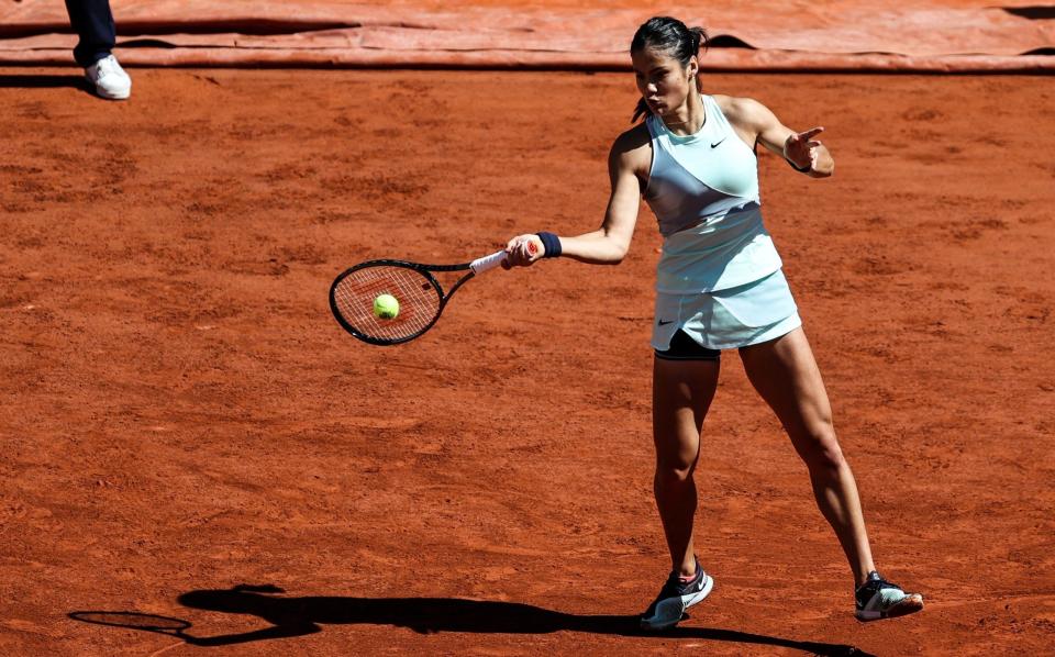 Emma Raducanu of Great Britain plays a forehand in the Women's Singles Second Round match against Aliaksandra Sasnovich of Belarus during Day Four of The 2022 French Open at Roland Garros - Getty Images/Shi Tang