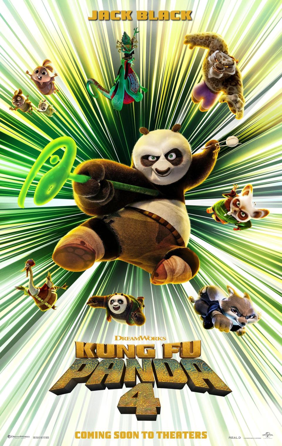 Kung Fu Panda 4 (2024) directed by Mike Mitchell and Stephanie Stine and starring Jack Black, Awkwafina and Viola Davis. After Po is tapped to become the Spiritual Leader of the Valley of Peace, he needs to find and train a new Dragon Warrior, while a wicked sorceress plans to re-summon all the master villains whom Po has vanquished to the spirit realm. US advance poster ***EDITORIAL USE ONLY***. Credit: BFA / Universal Pictures