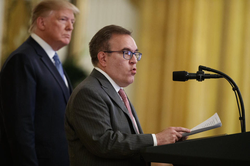 EPA Administrator Andrew Wheeler, right, speaks at a White House event with President Donald Trump.&nbsp; (Photo: Associated Press)