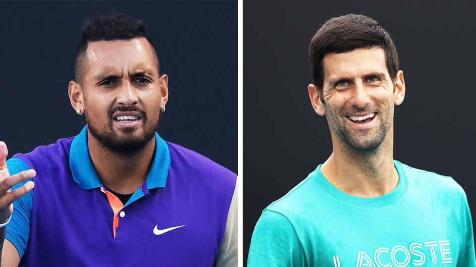 World No.1 Novak Djokovic (pictured right) smiling during practice and Nick Kyrgios (pictured left) frustrated during a match.]