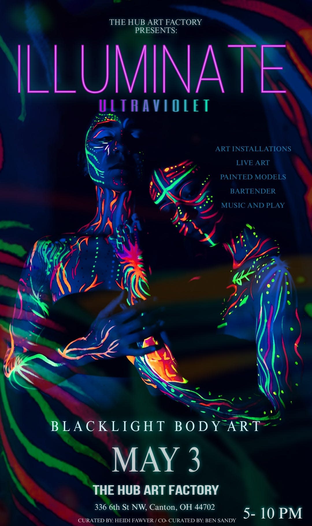 Canton artist Heidi Fawver will present the "Illuminate 2: Ultraviolet" art show Friday night at The Hub Art Factory in downtown Canton, featuring models in body paint with glow-in-the-dark effects.