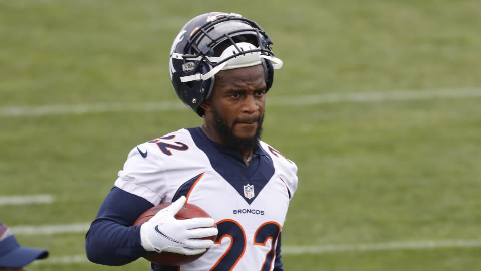 Denver Broncos safety Kareem Jackson (22) takes part in drills during an NFL football practice Thursday, Sept. 10, 2020, in Englewood, Colo. (AP Photo/David Zalubowski)