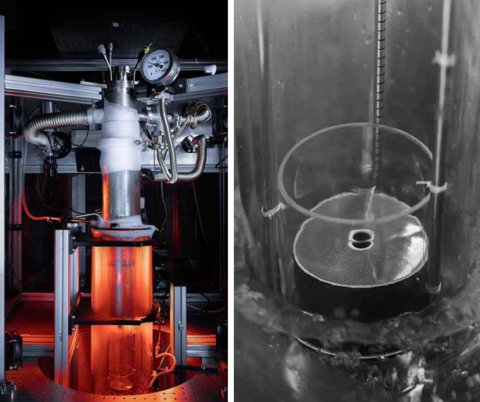 On the left is a metal device with red tones towards the bottom, and on the right is a black and white view of a liquid pool inside a cylindrical case.