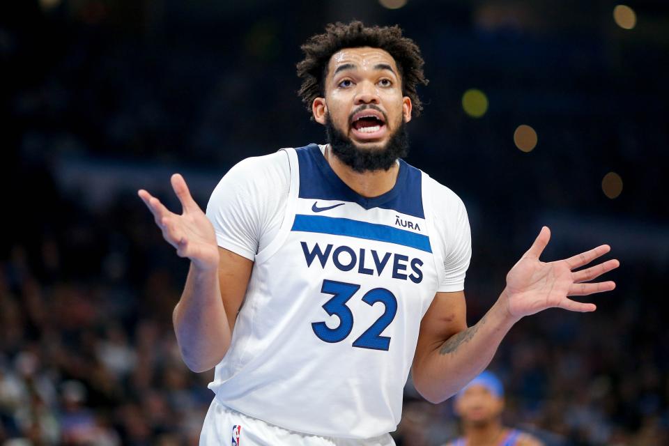 Minnesota center Karl-Anthony Towns (32) gets a technical foul in the second quarter during an NBA game between the Oklahoma City Thunder and the Minnesota Timberwolves at the Paycom Center in Oklahoma City, on Tuesday, Dec. 26, 2023.